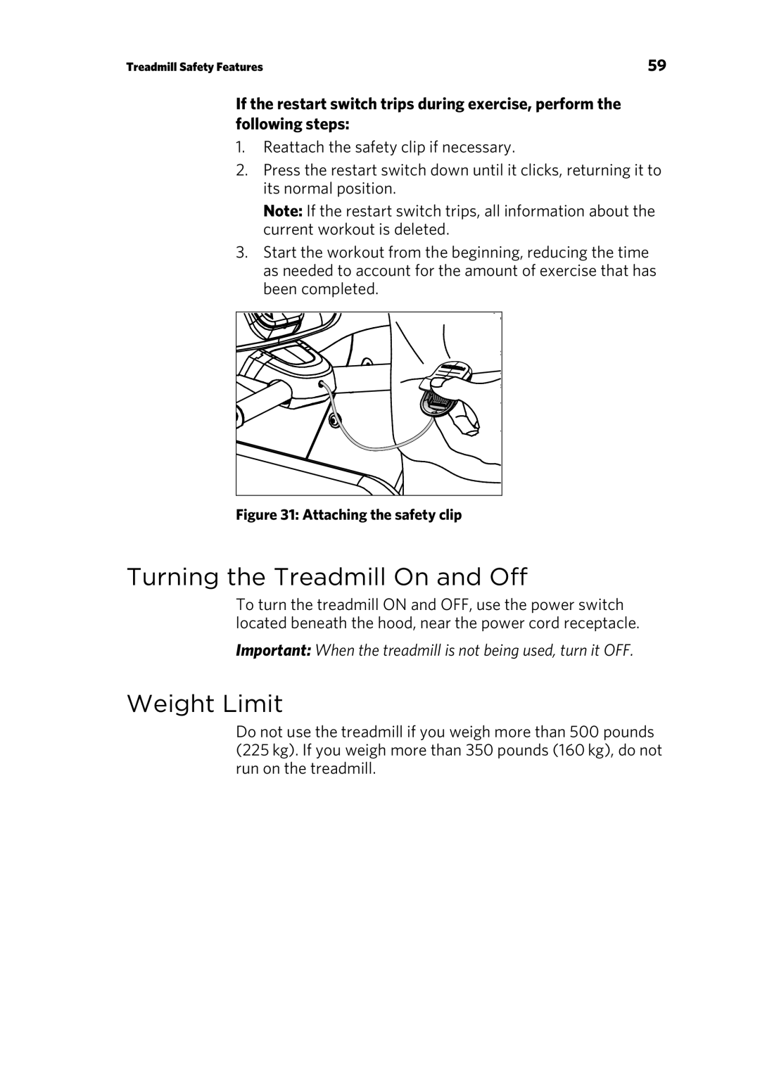 Precor P10 manual Turning the Treadmill On and Off, Weight Limit 