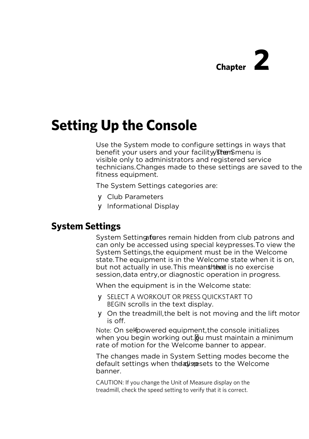 Precor P10 manual Setting Up the Console, System Settings 