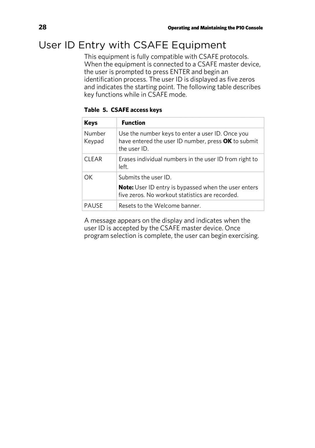 Precor P10 manual User ID Entry with Csafe Equipment, Csafe access keys Keys Function 