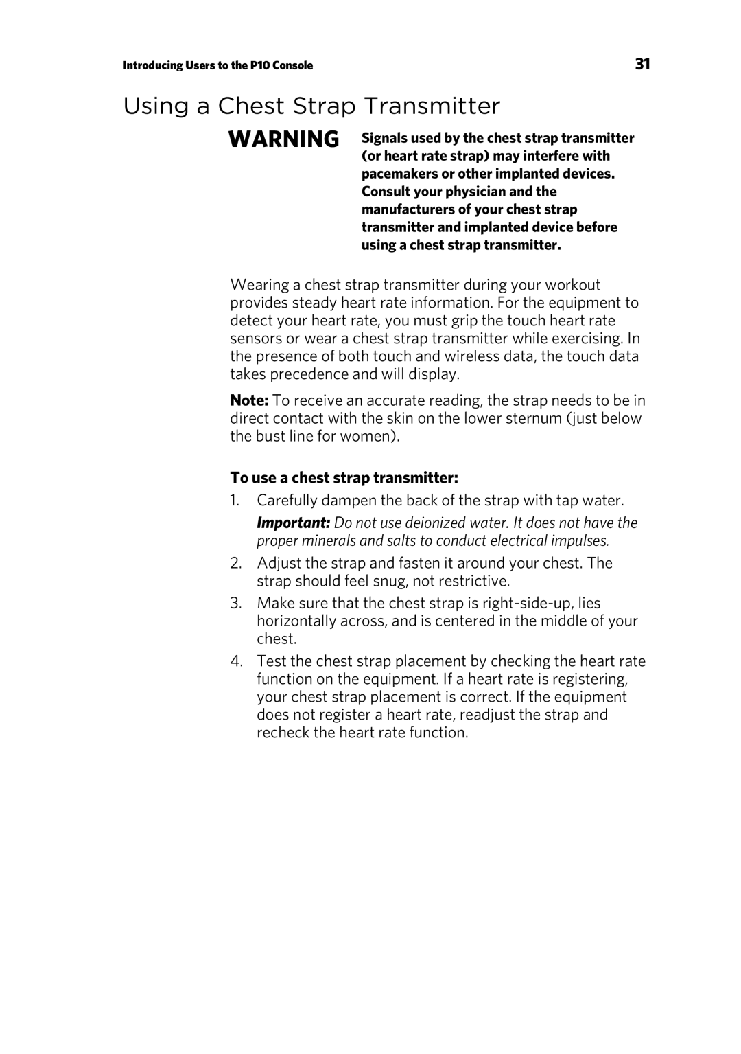 Precor P10 manual Using a Chest Strap Transmitter, To use a chest strap transmitter 