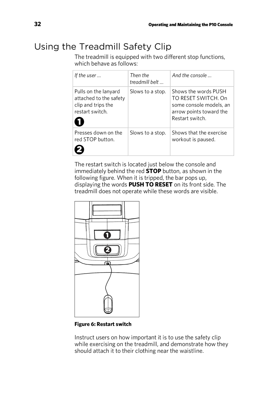 Precor P10 manual Using the Treadmill Safety Clip, Restart switch 