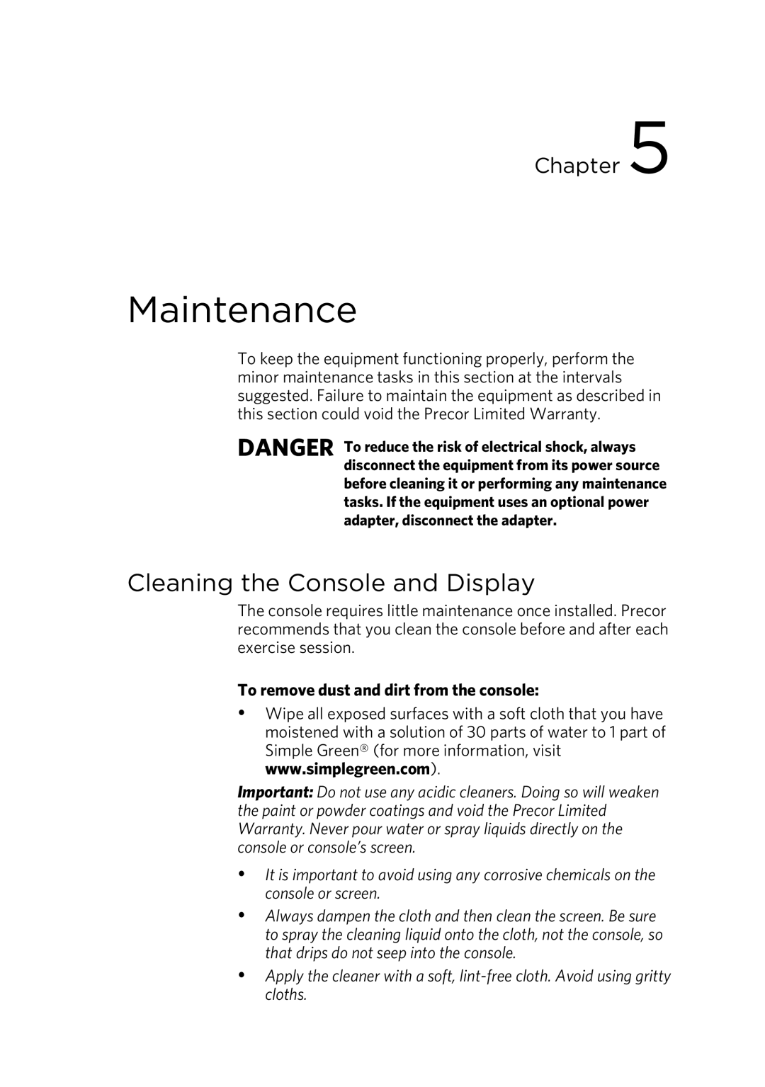 Precor P10 manual Maintenance, Cleaning the Console and Display, To remove dust and dirt from the console 