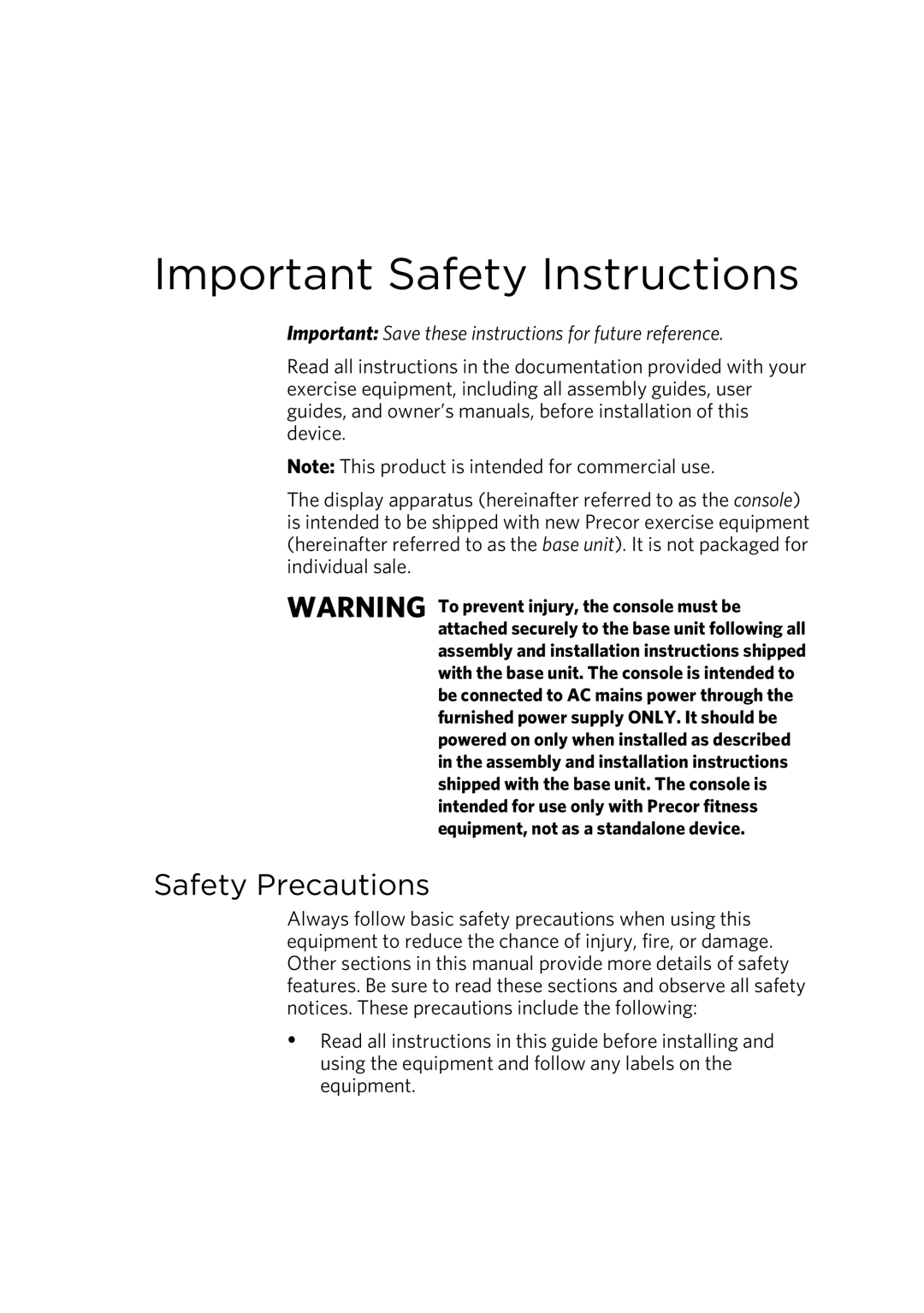 Precor P10 manual Important Safety Instructions, Safety Precautions 