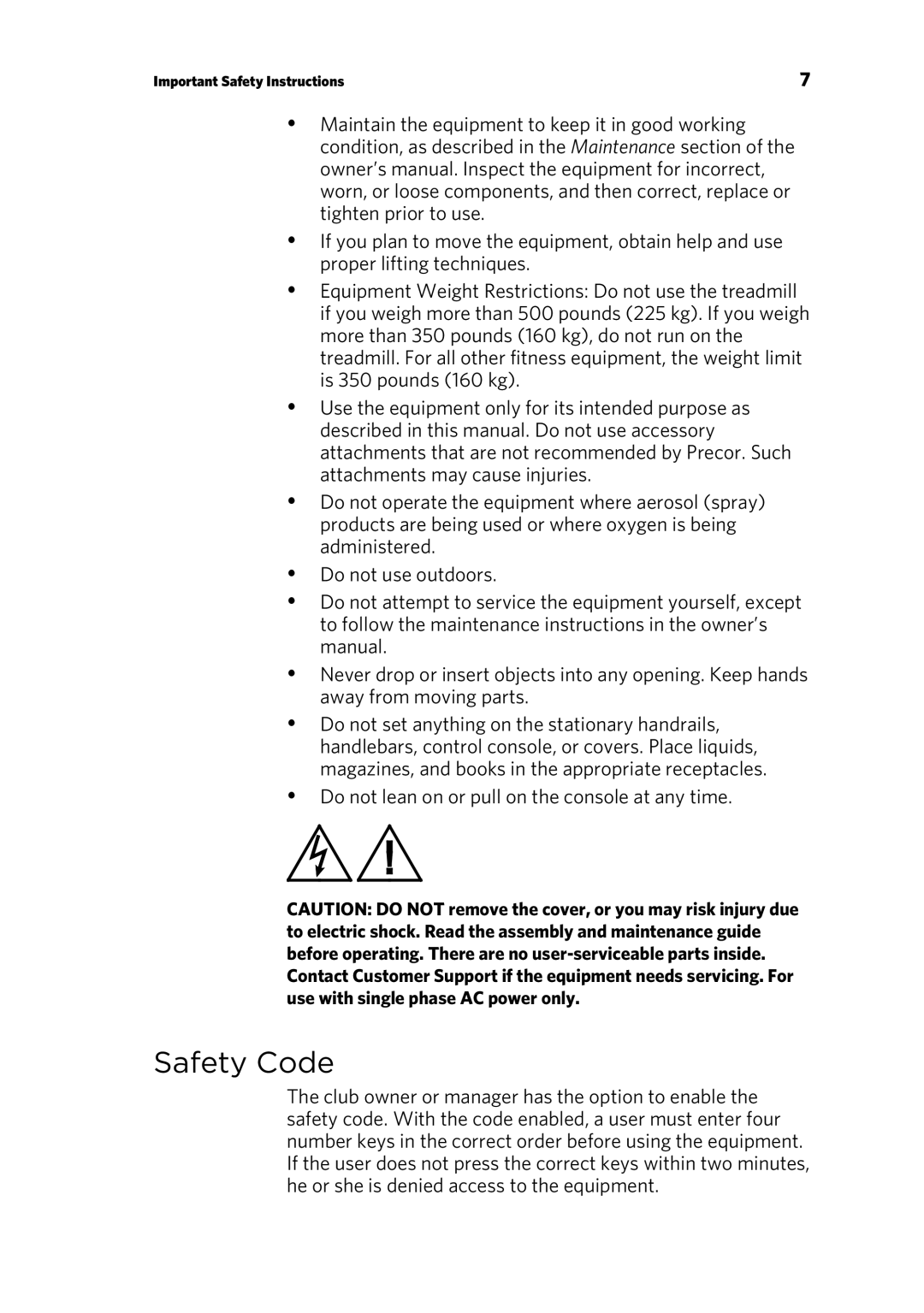 Precor P10 manual Safety Code 