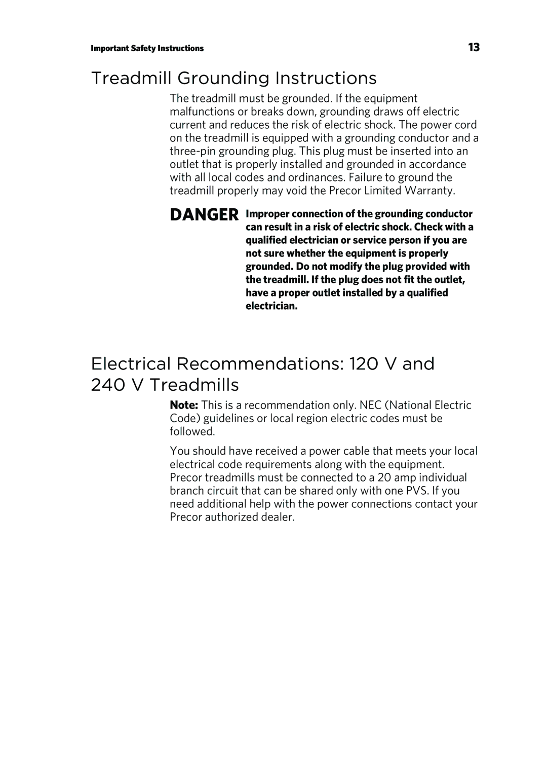 Precor P10 manual Treadmill Grounding Instructions, Electrical Recommendations 120 V and 240 V Treadmills 