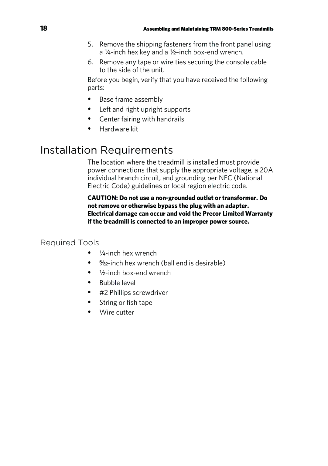 Precor P10 manual Installation Requirements, Required Tools 