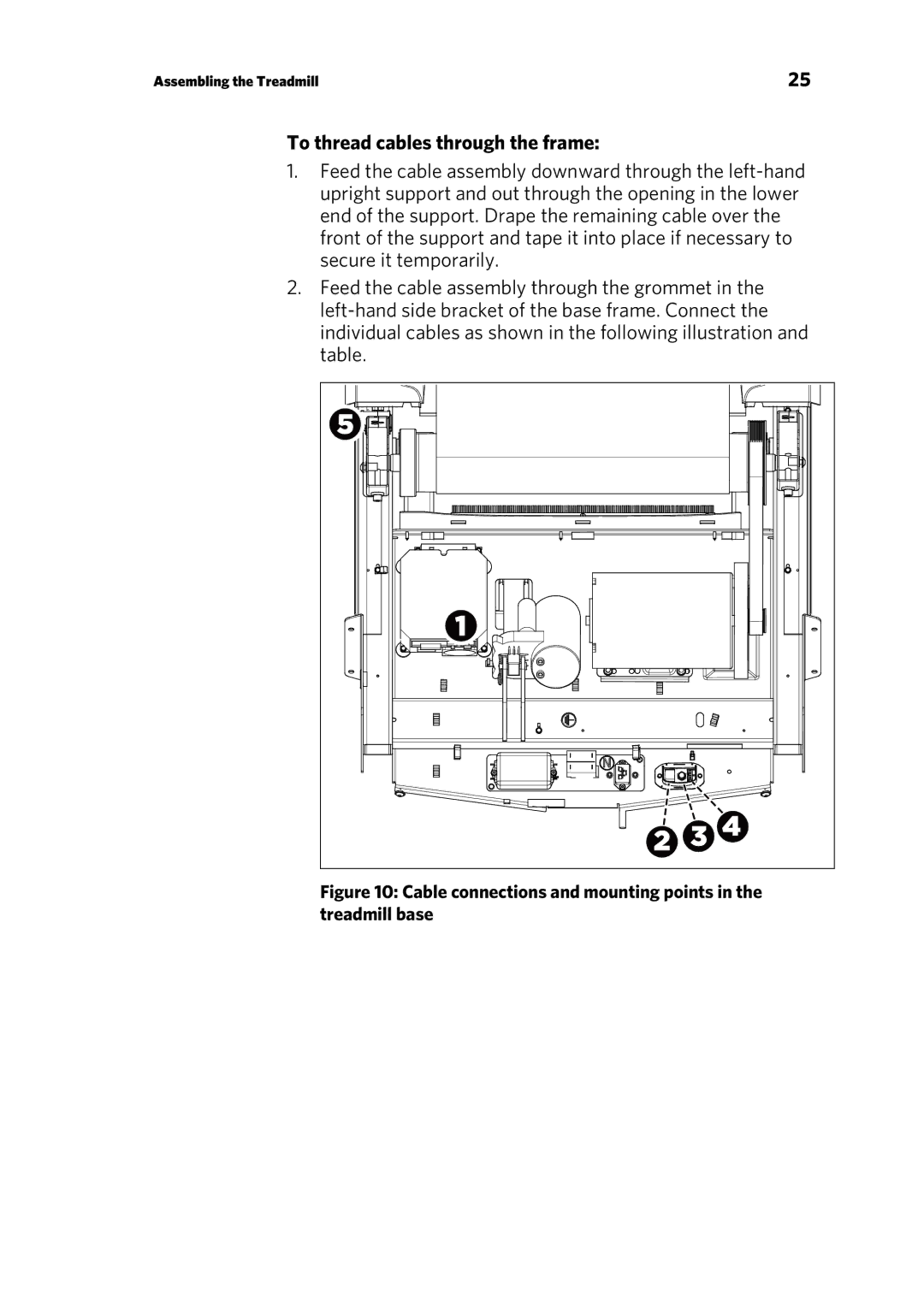 Precor P10 manual To thread cables through the frame, Cable connections and mounting points in the treadmill base 