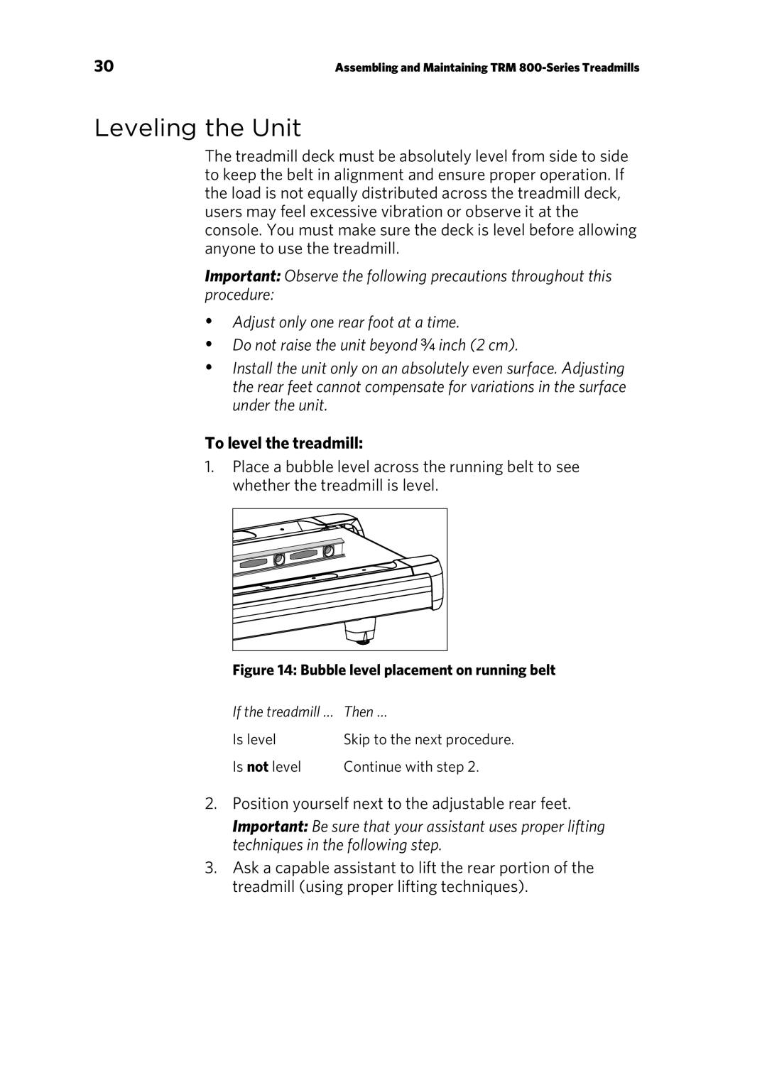 Precor P10 manual Leveling the Unit, To level the treadmill 