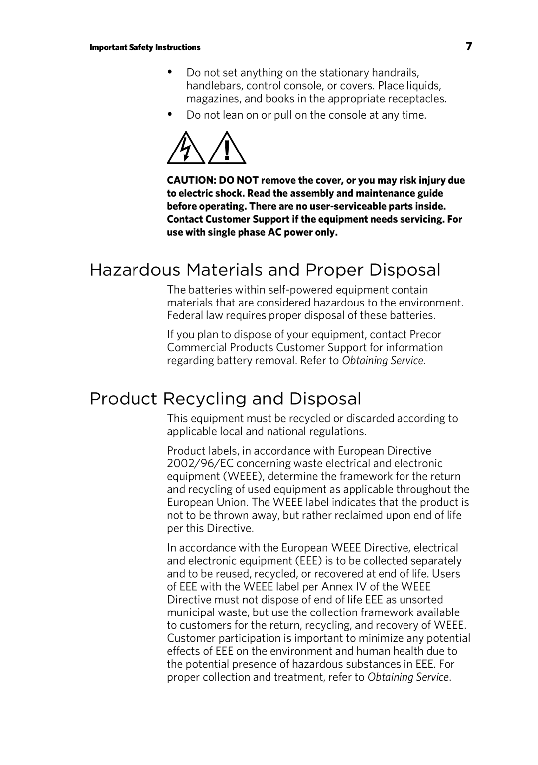 Precor P10 manual Hazardous Materials and Proper Disposal, Product Recycling and Disposal 