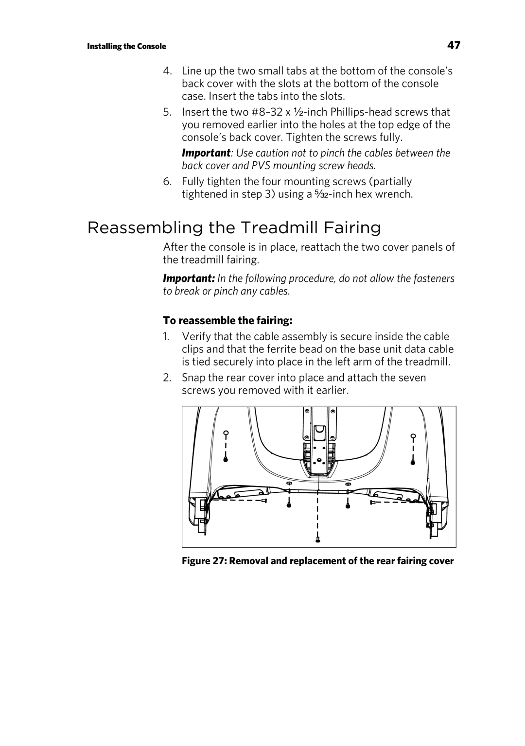 Precor P10 manual Reassembling the Treadmill Fairing, To reassemble the fairing 