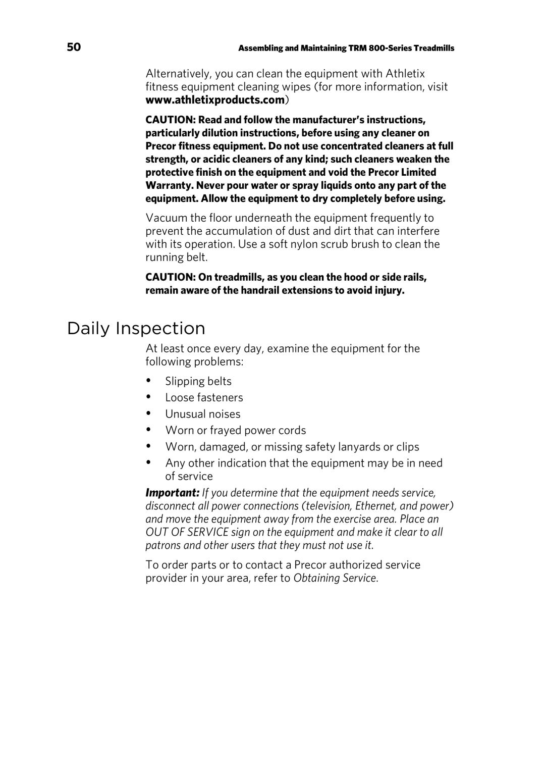 Precor P10 manual Daily Inspection 