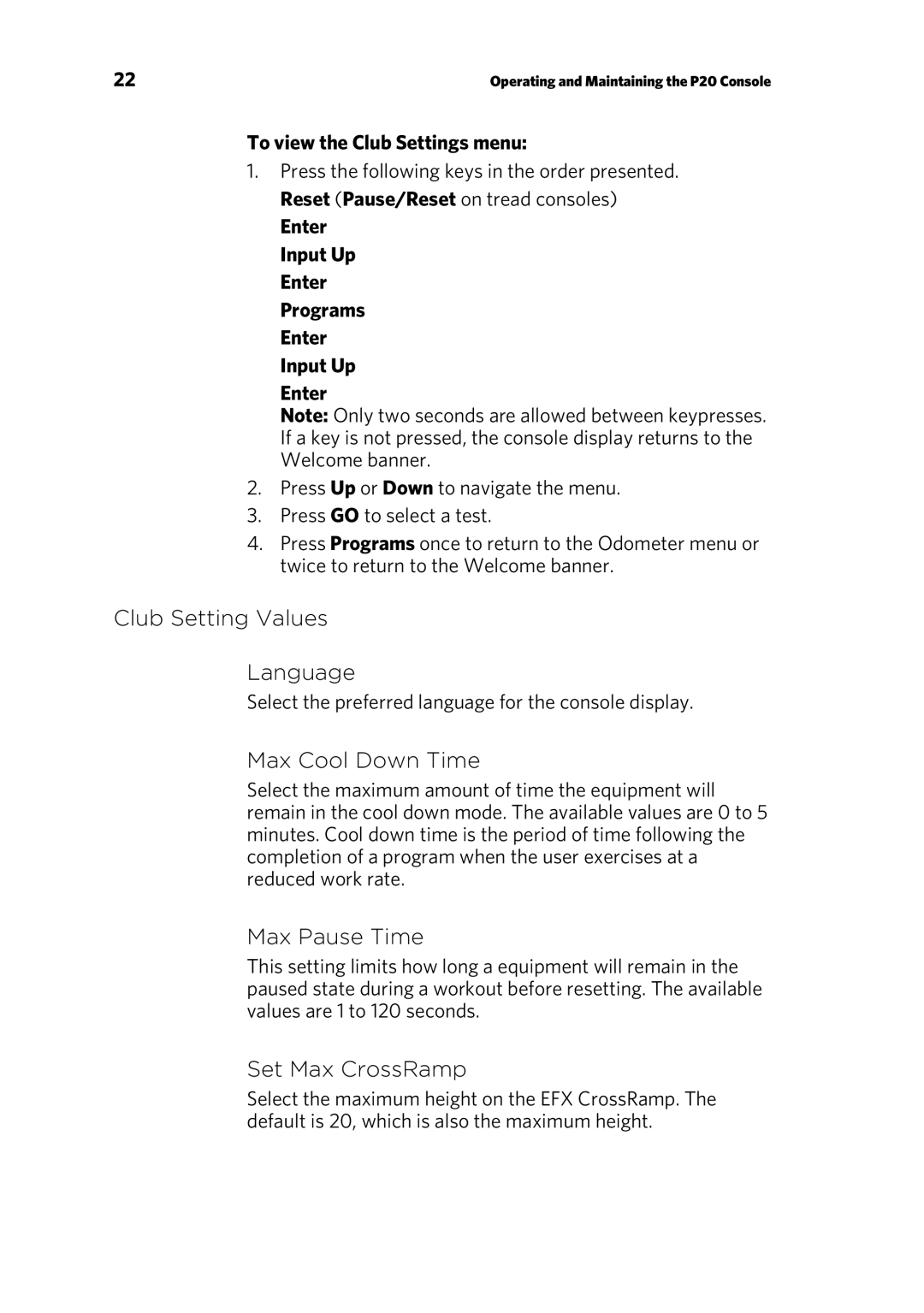 Precor p20 manual Club Setting Values Language, Max Cool Down Time, Max Pause Time, Set Max CrossRamp 