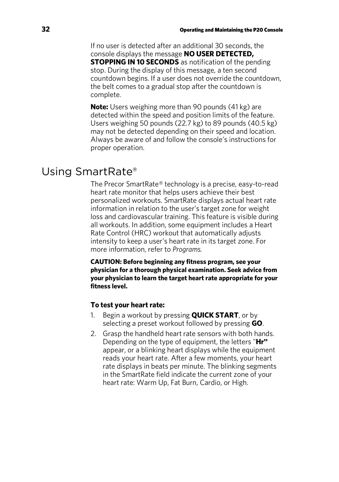 Precor p20 manual Using SmartRate, To test your heart rate 