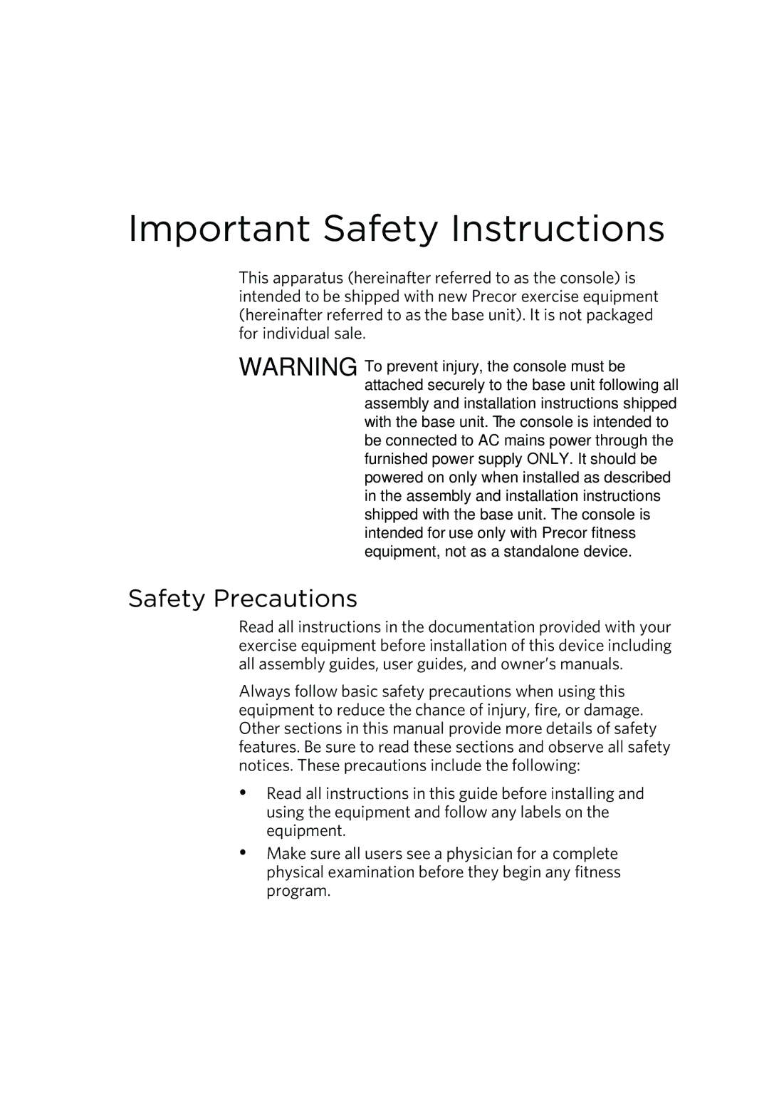 Precor p20 manual Important Safety Instructions, Safety Precautions 