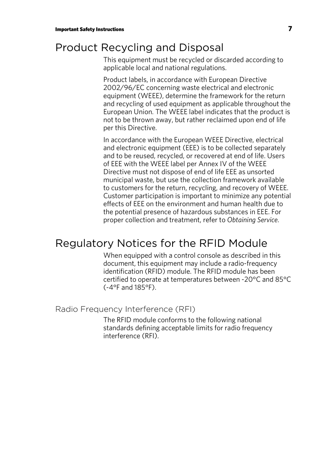 Precor p20 manual Product Recycling and Disposal, Regulatory Notices for the Rfid Module 