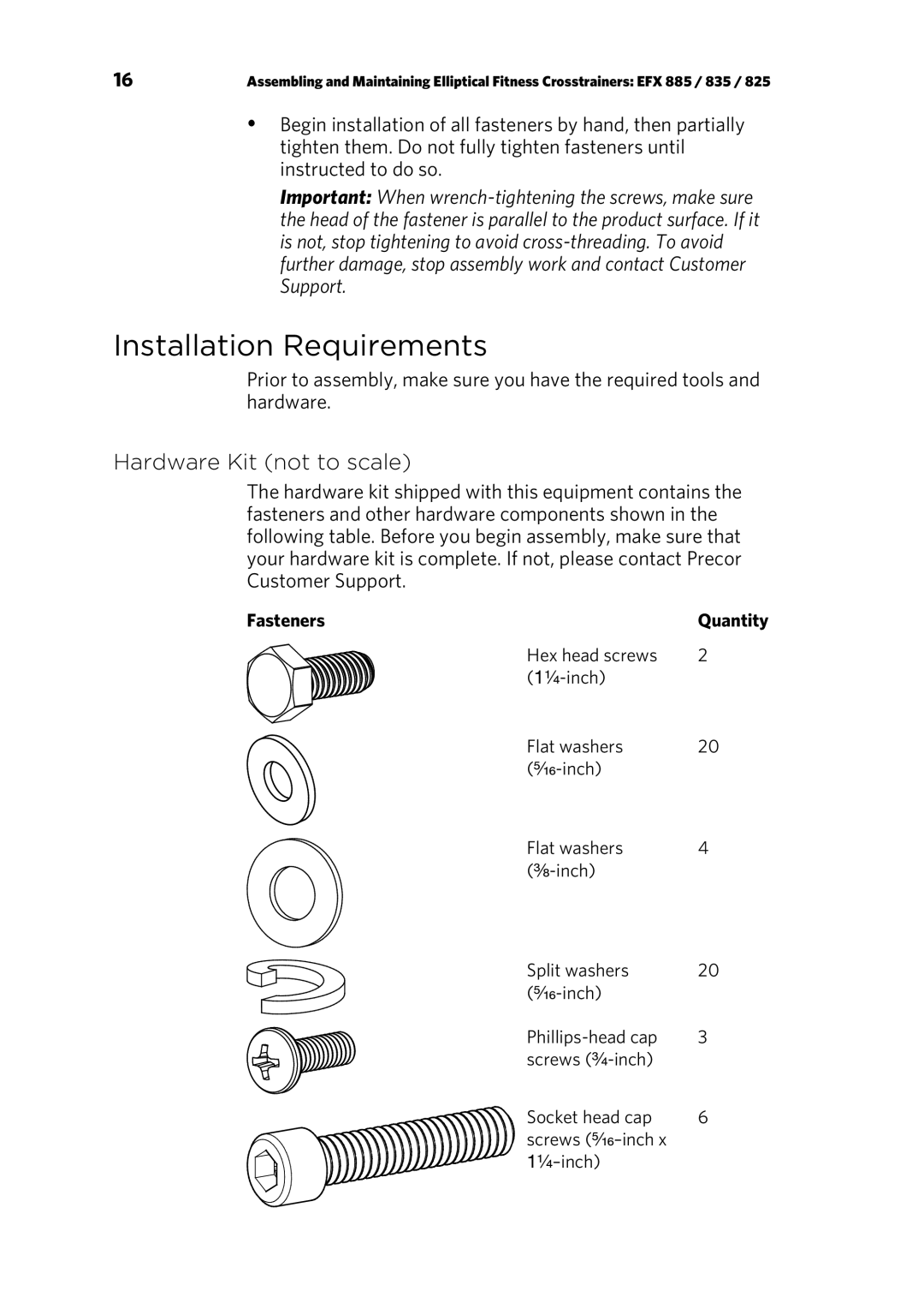 Precor p20 manual Installation Requirements, Hardware Kit not to scale 