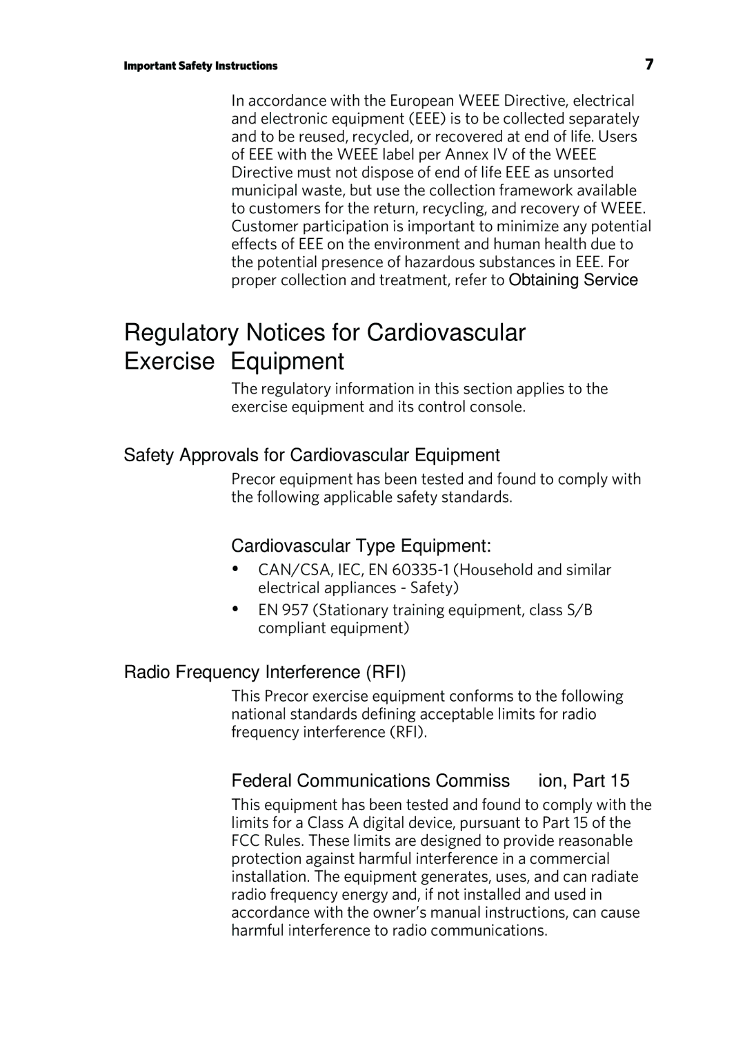 Precor p20 manual Regulatory Notices for Cardiovascular Exercise Equipment, Safety Approvals for Cardiovascular Equipment 