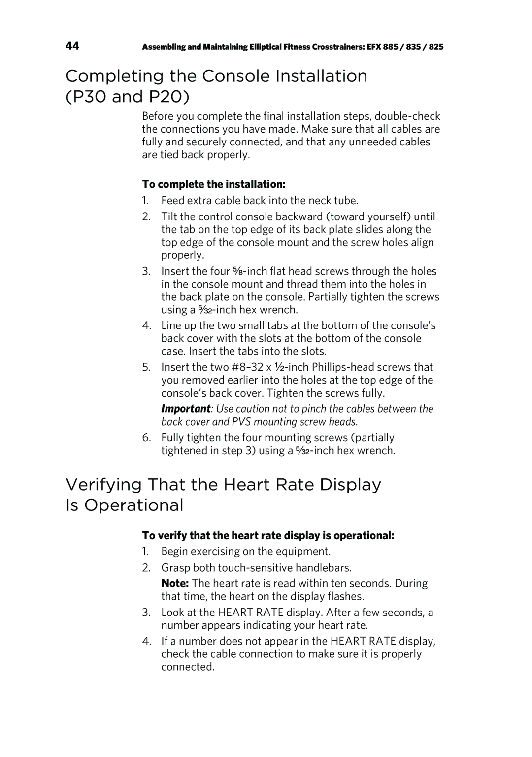Precor p20 manual Completing the Console Installation P30 and P20, Verifying That the Heart Rate Display Is Operational 