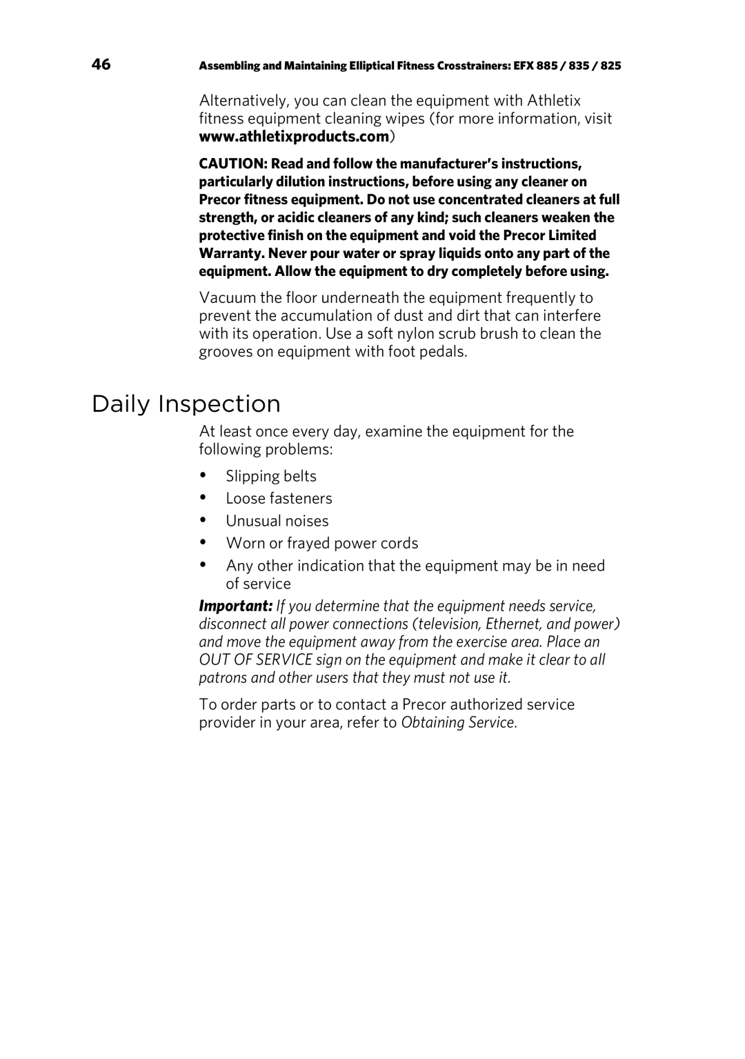 Precor p20 manual Daily Inspection 