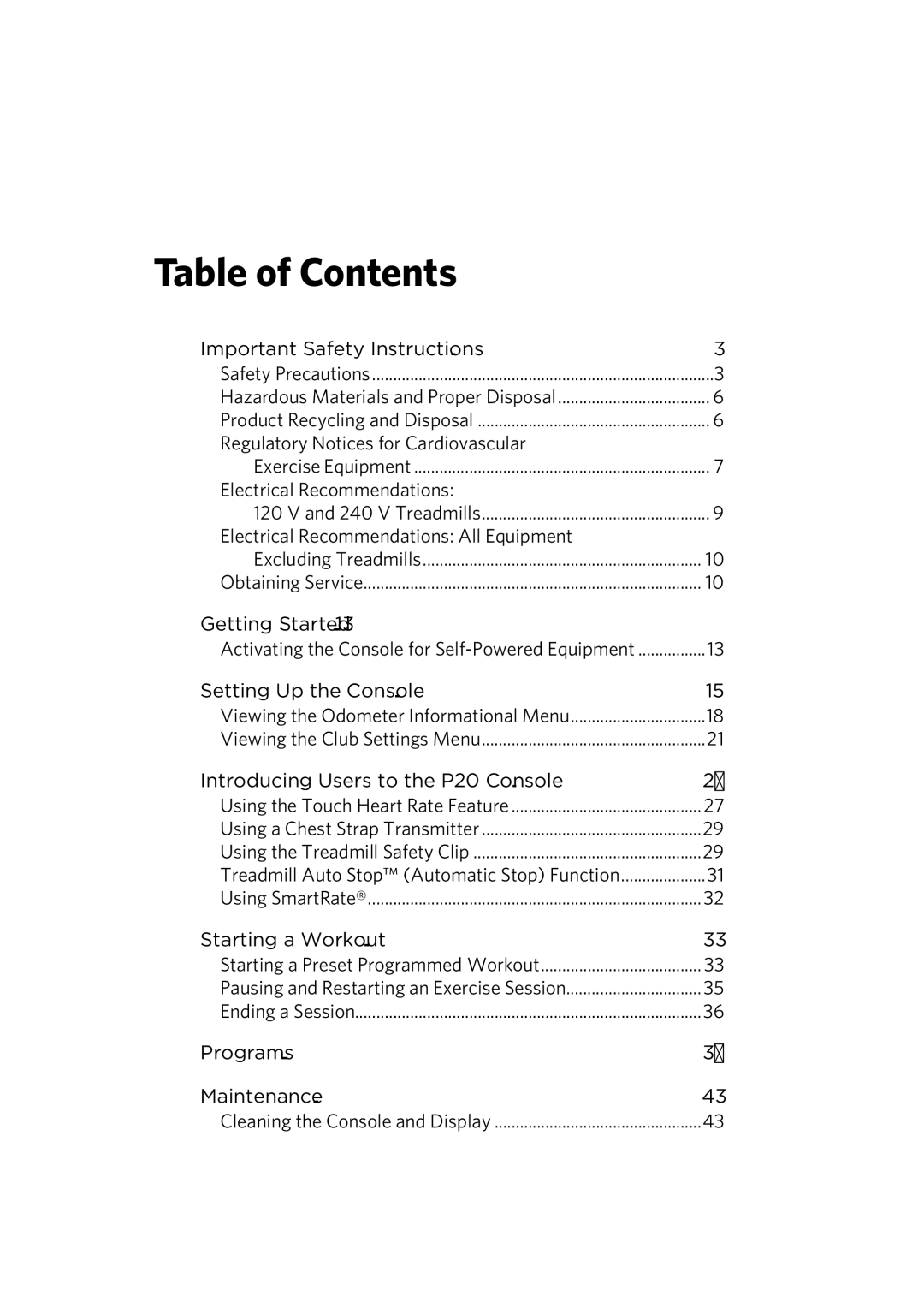 Precor p20 manual Table of Contents 