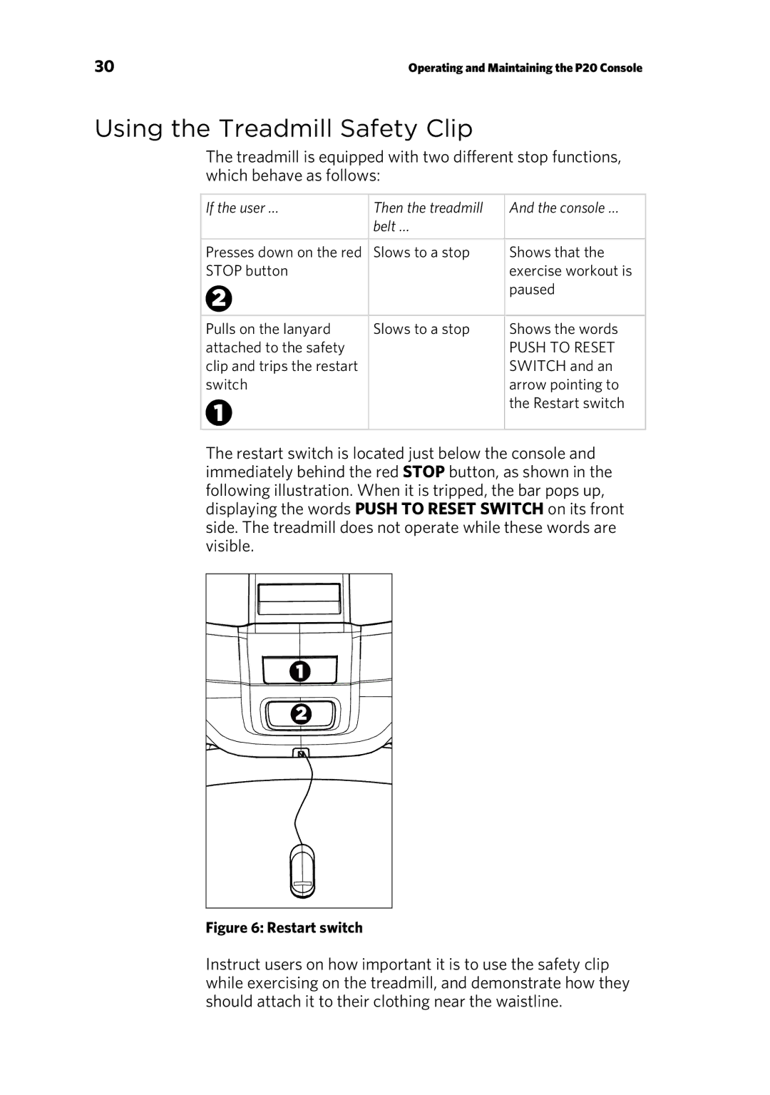 Precor p20 manual Using the Treadmill Safety Clip, Restart switch 