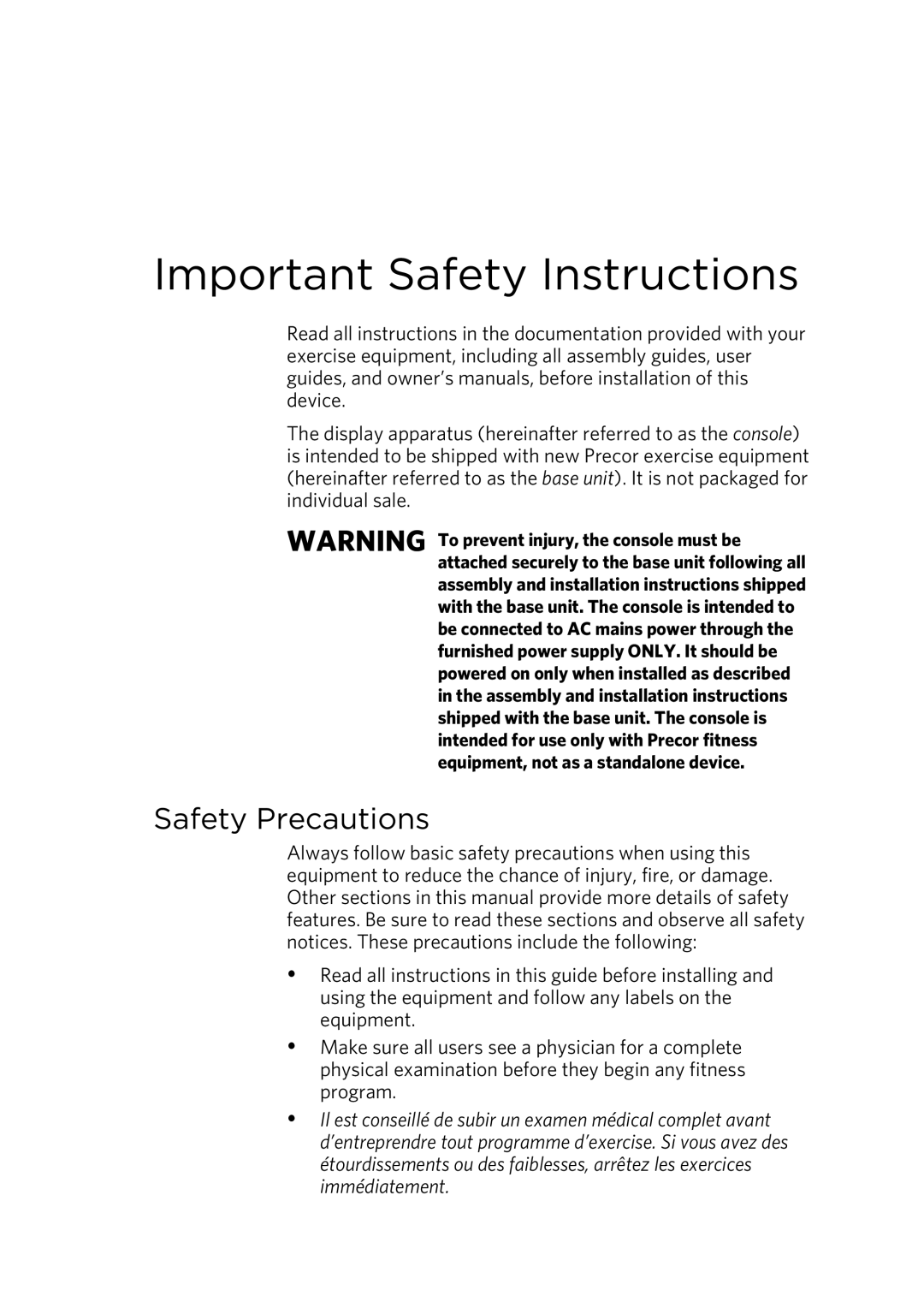 Precor p20 manual Important Safety Instructions 