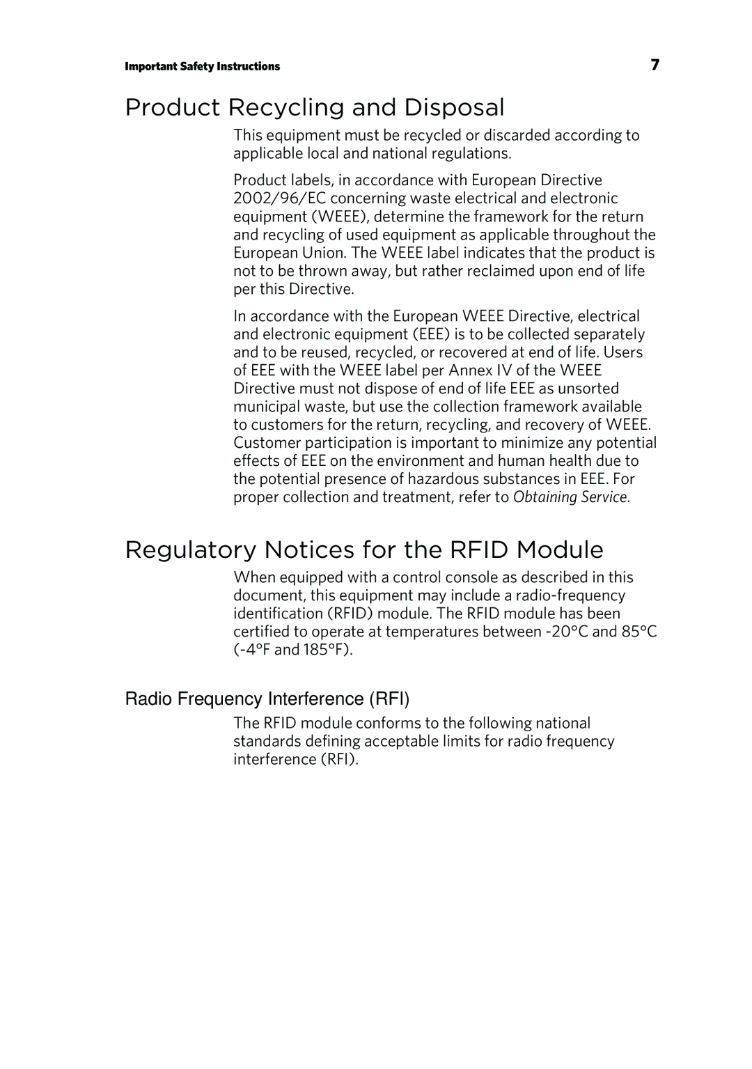 Precor p20 manual Product Recycling and Disposal, Regulatory Notices for the Rfid Module 