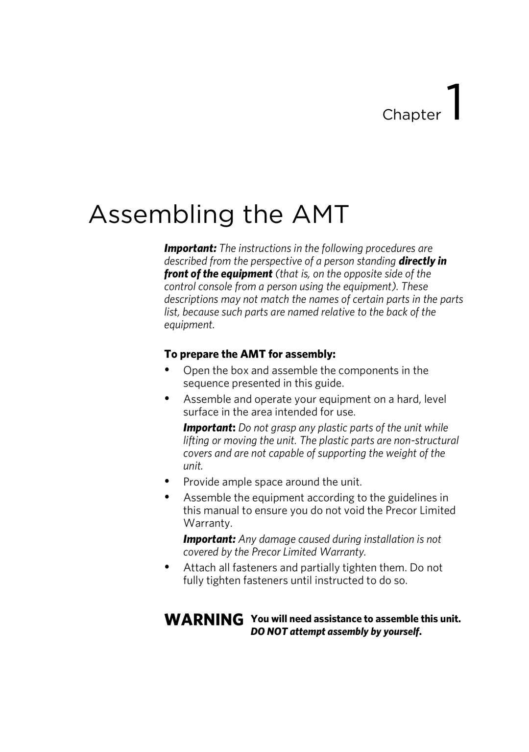 Precor p20 manual Assembling the AMT, To prepare the AMT for assembly 