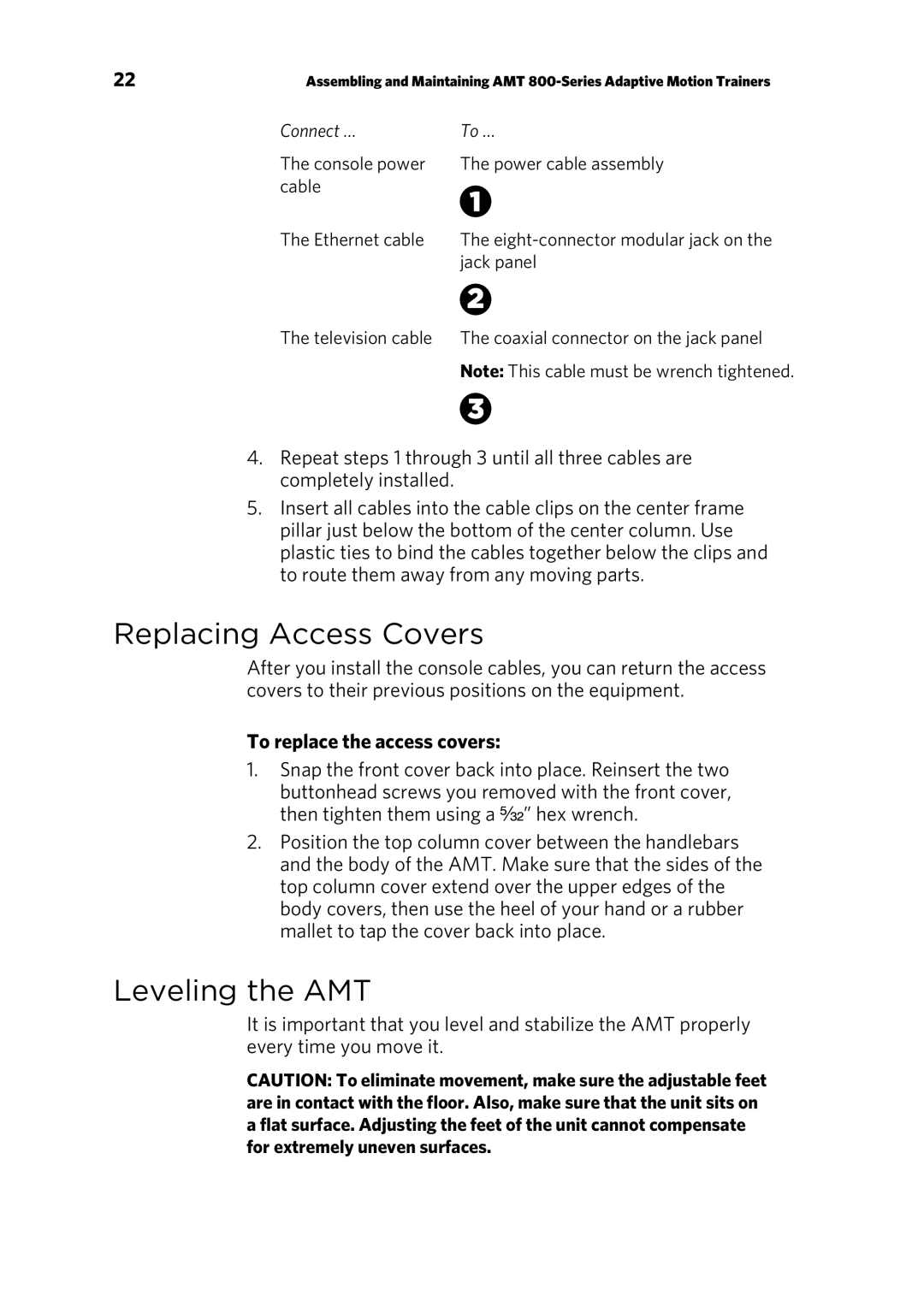 Precor p20 manual Replacing Access Covers, Leveling the AMT, To replace the access covers 