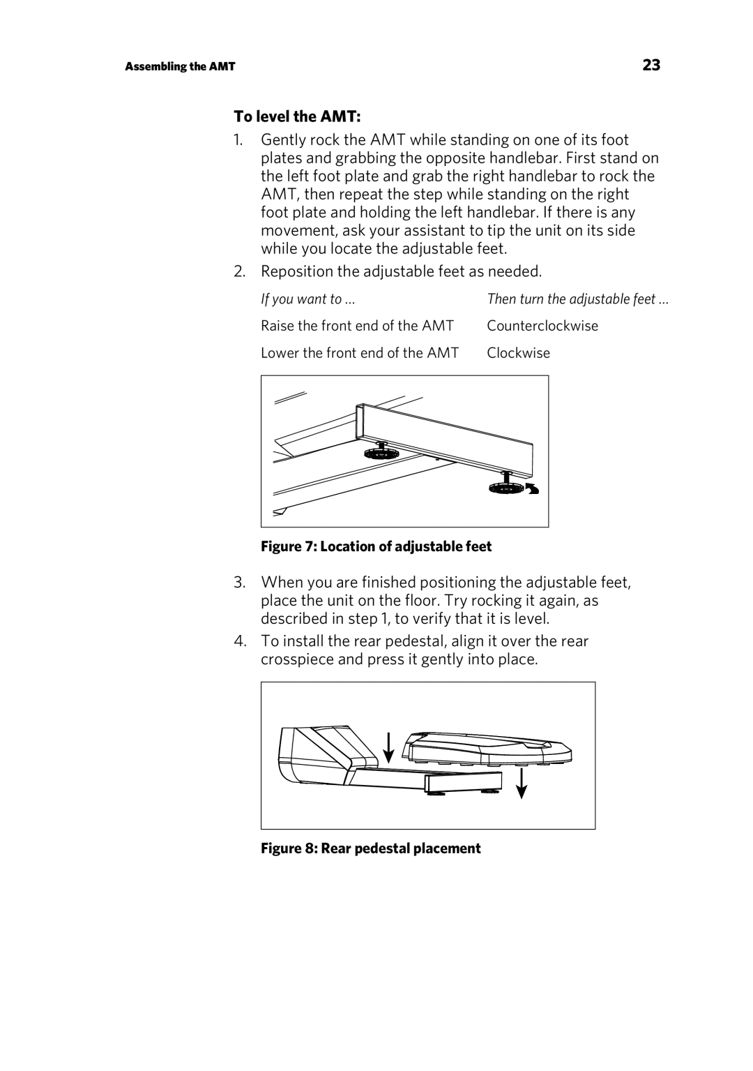 Precor p20 manual To level the AMT, Location of adjustable feet 