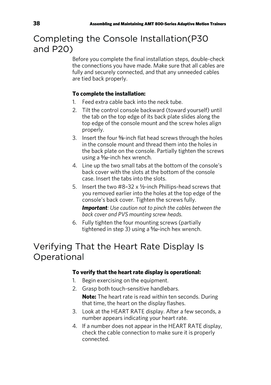 Precor p20 manual Completing the Console InstallationP30 and P20, Verifying That the Heart Rate Display Is Operational 