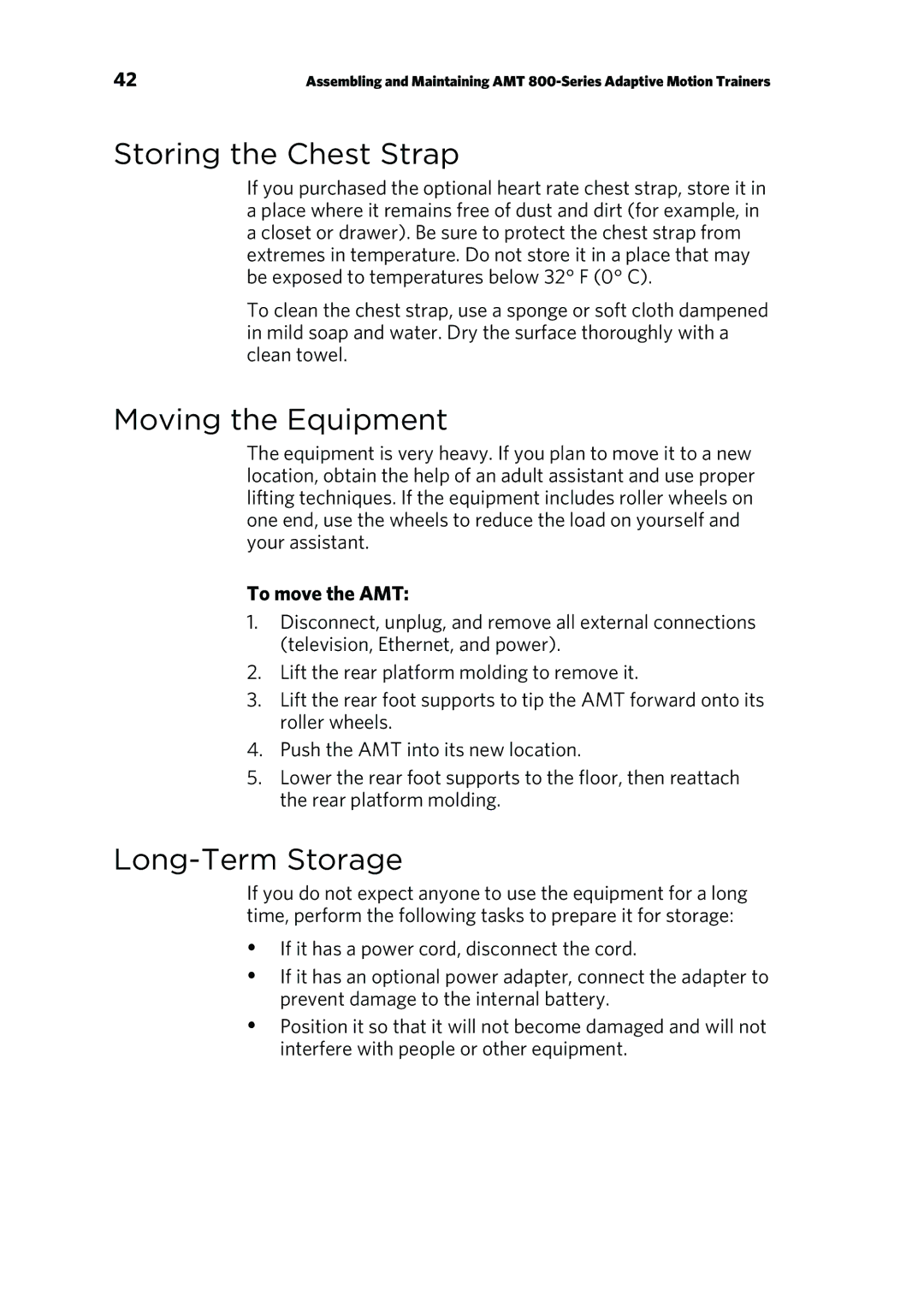 Precor p20 manual Storing the Chest Strap, Moving the Equipment, Long-Term Storage, To move the AMT 