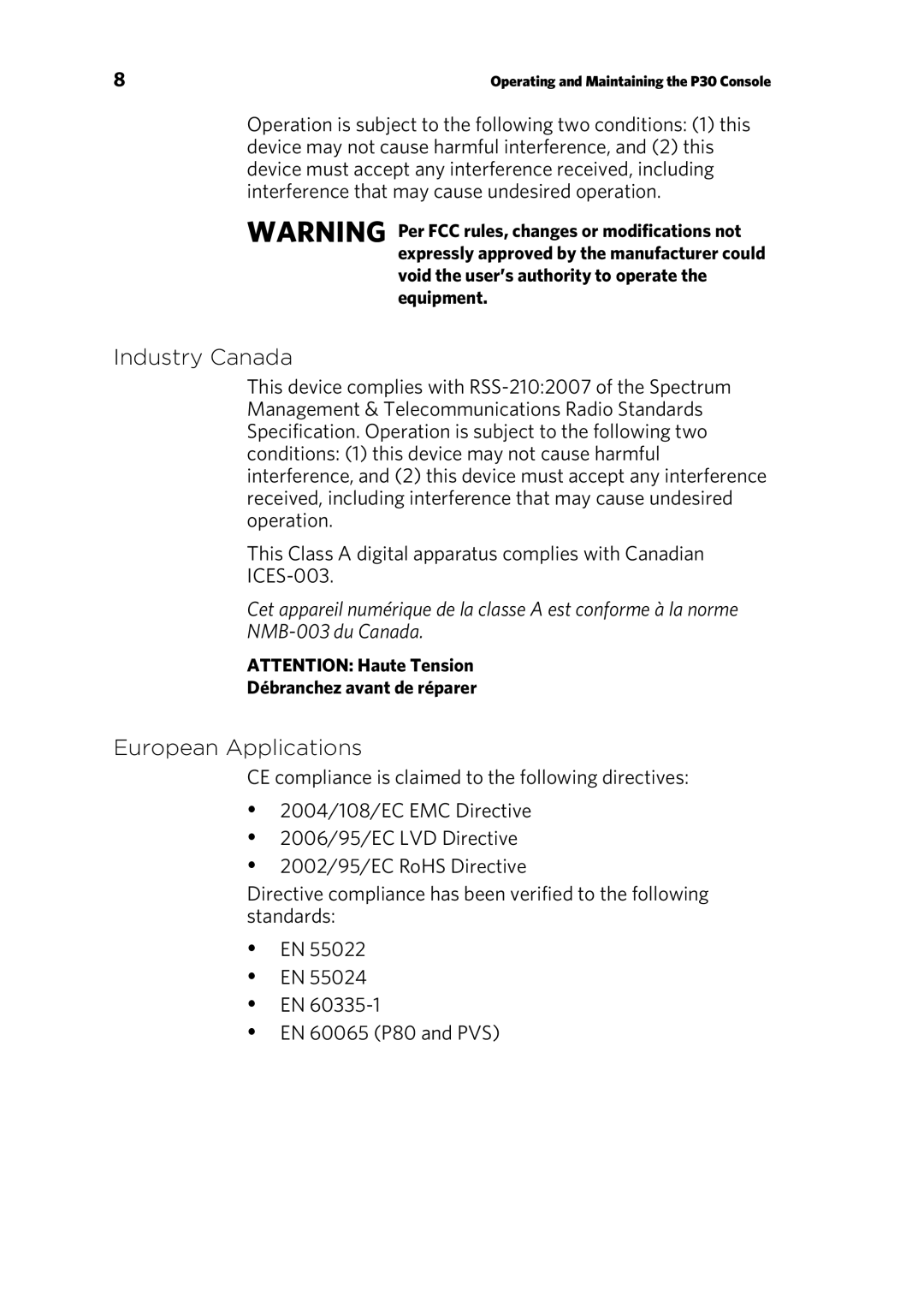 Precor P30 Console manual Industry Canada, European Applications, Débranchez avant de réparer 