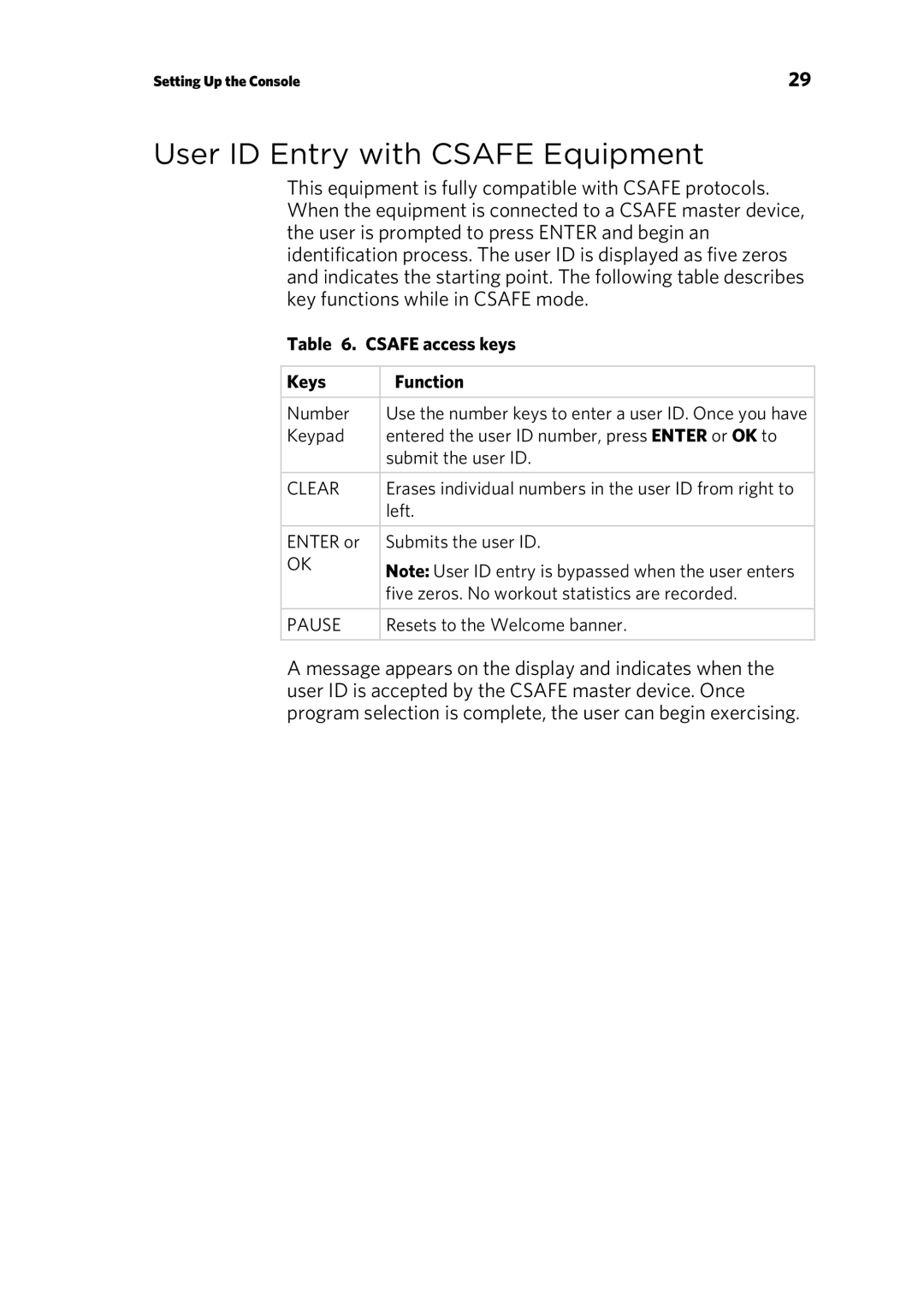 Precor P30 Console manual User ID Entry with Csafe Equipment, Csafe access keys Keys Function 