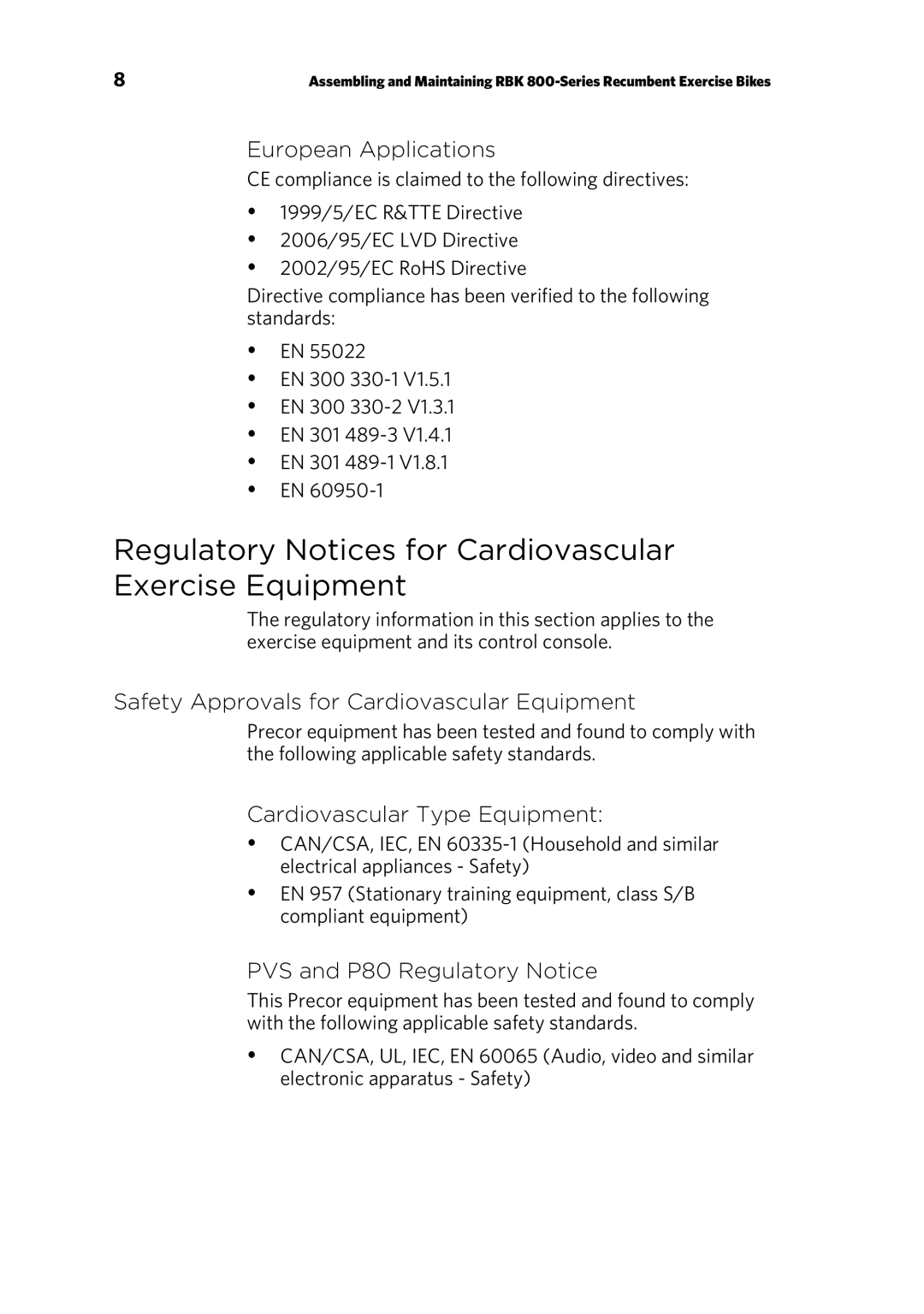 Precor P30 Console manual European Applications, PVS and P80 Regulatory Notice 