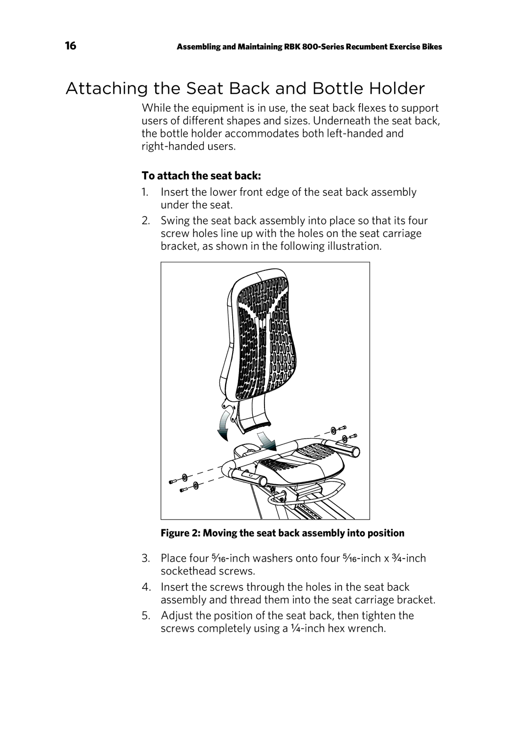 Precor P30 Console manual Attaching the Seat Back and Bottle Holder, To attach the seat back 