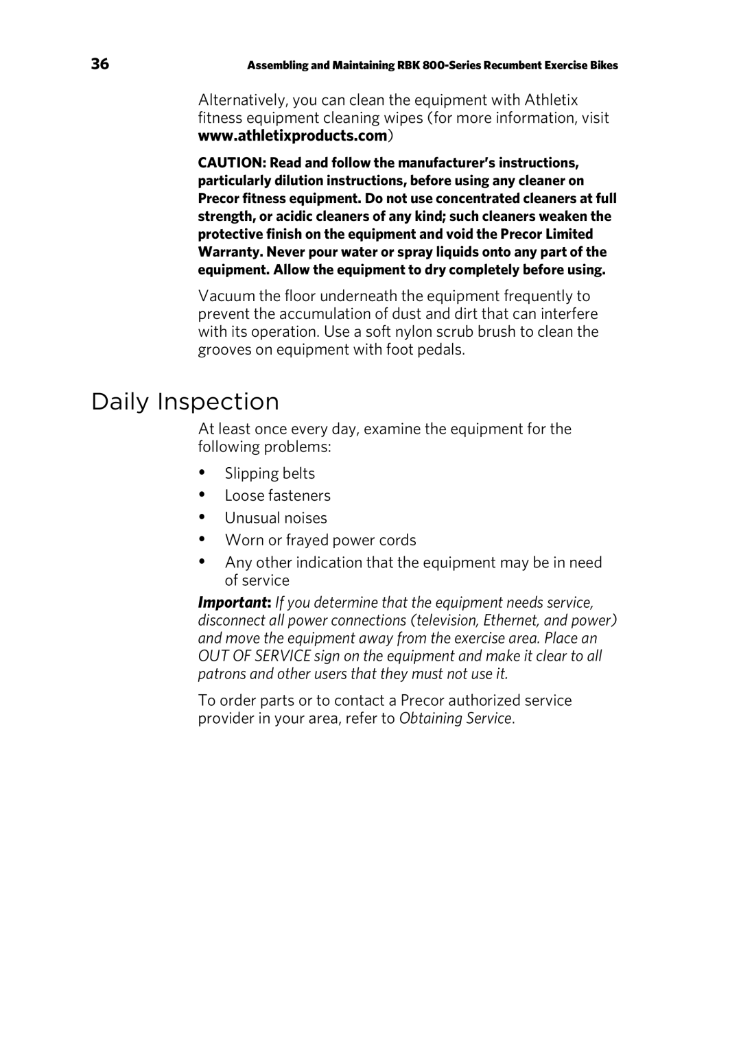 Precor P30 Console manual Daily Inspection 