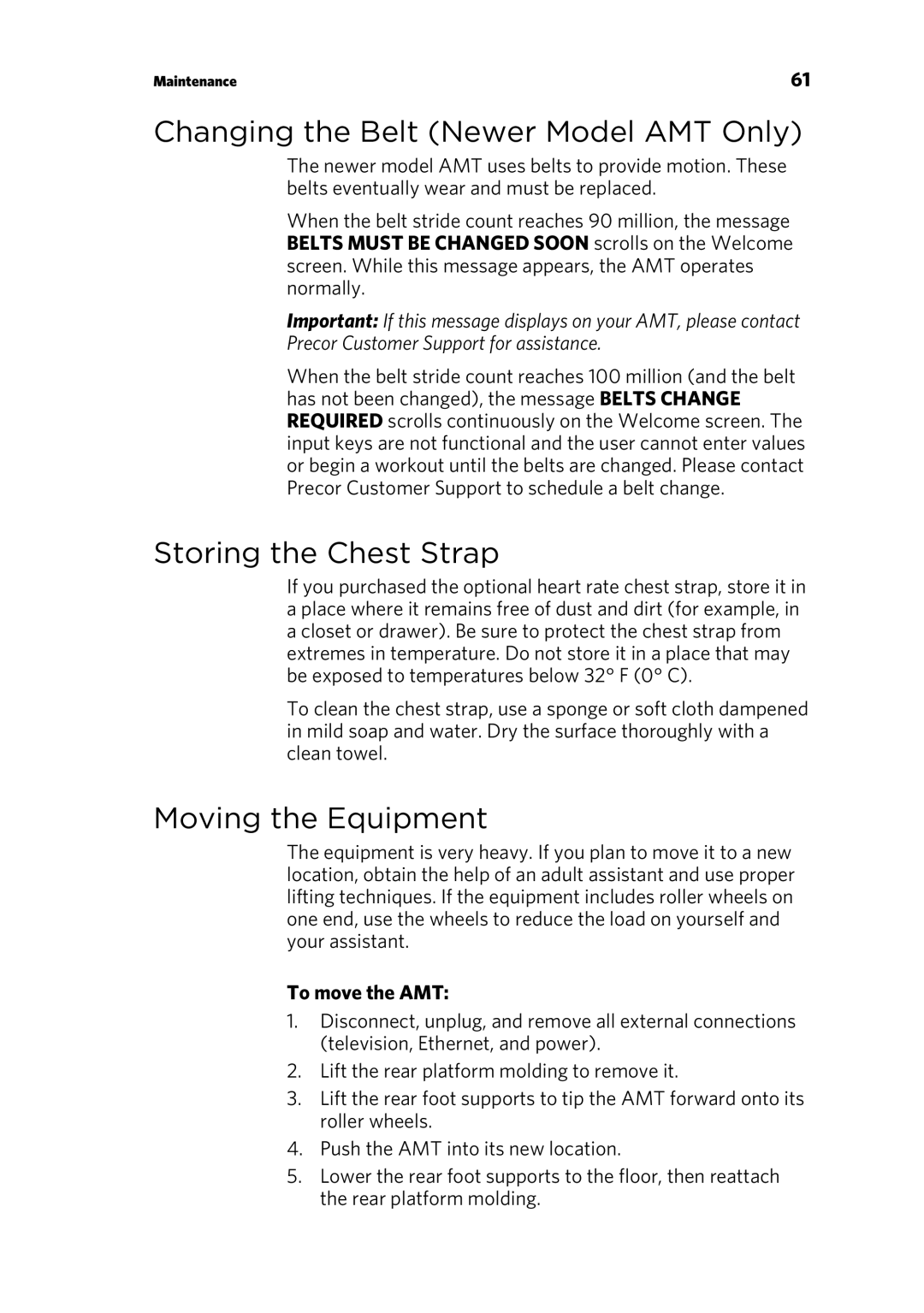 Precor P30 manual Storing the Chest Strap, Moving the Equipment, To move the AMT 