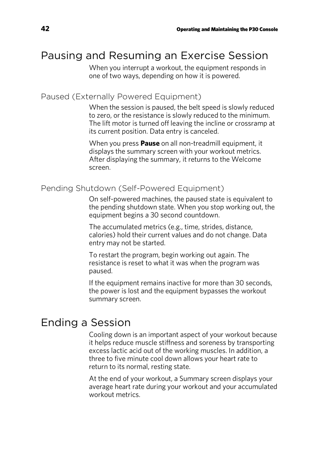 Precor P30 manual Pausing and Resuming an Exercise Session, Ending a Session, Paused Externally Powered Equipment 