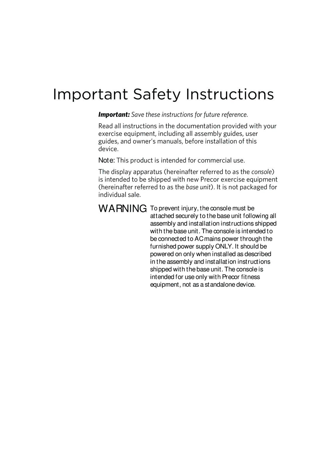 Precor P30 manual Important Safety Instructions 