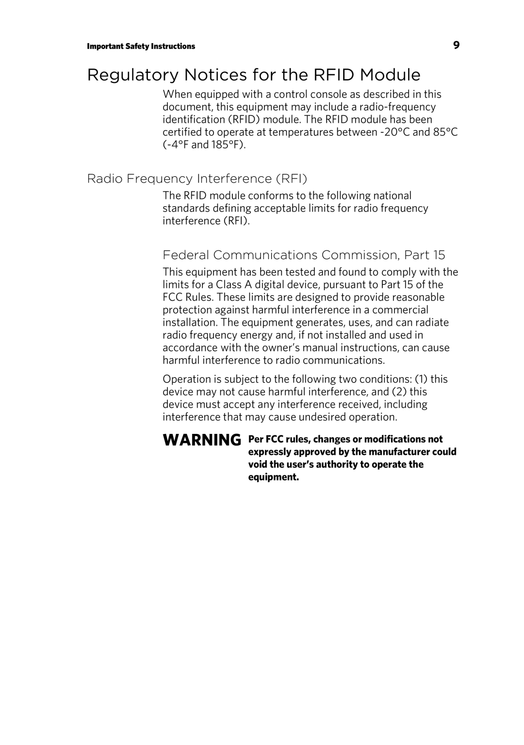 Precor P30 manual Regulatory Notices for the Rfid Module, Radio Frequency Interference RFI 