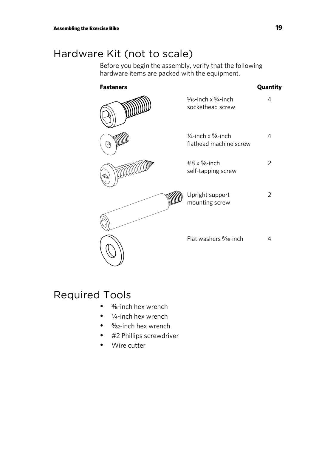 Precor P30 manual Hardware Kit not to scale, Required Tools, Fasteners 