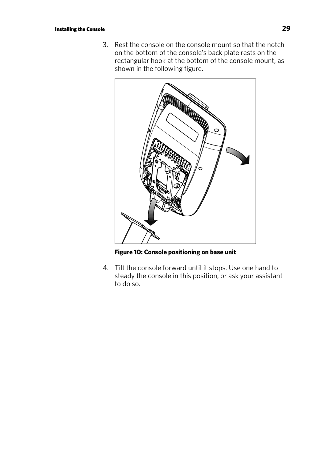 Precor P30 manual Console positioning on base unit 