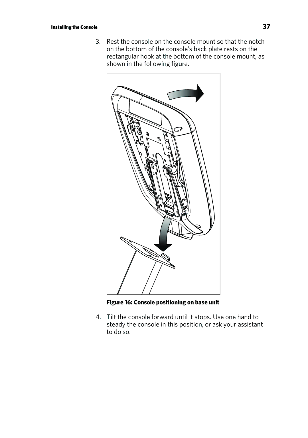 Precor P30 manual Console positioning on base unit 