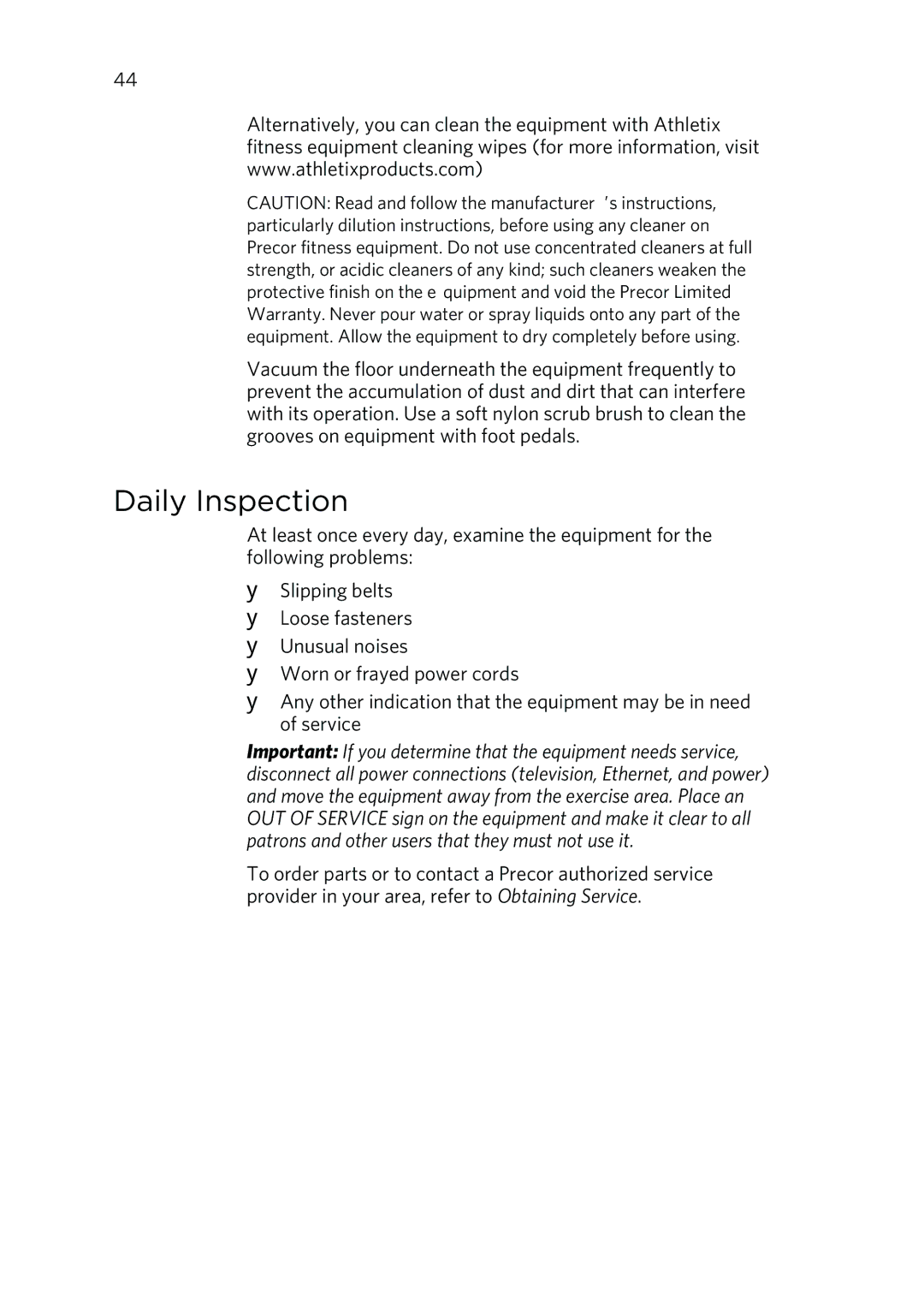 Precor P30 manual Daily Inspection 