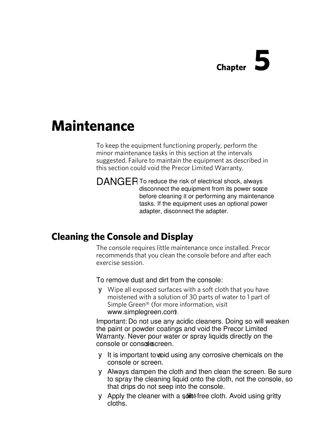 Precor P30 manual Maintenance, Cleaning the Console and Display, To remove dust and dirt from the console 