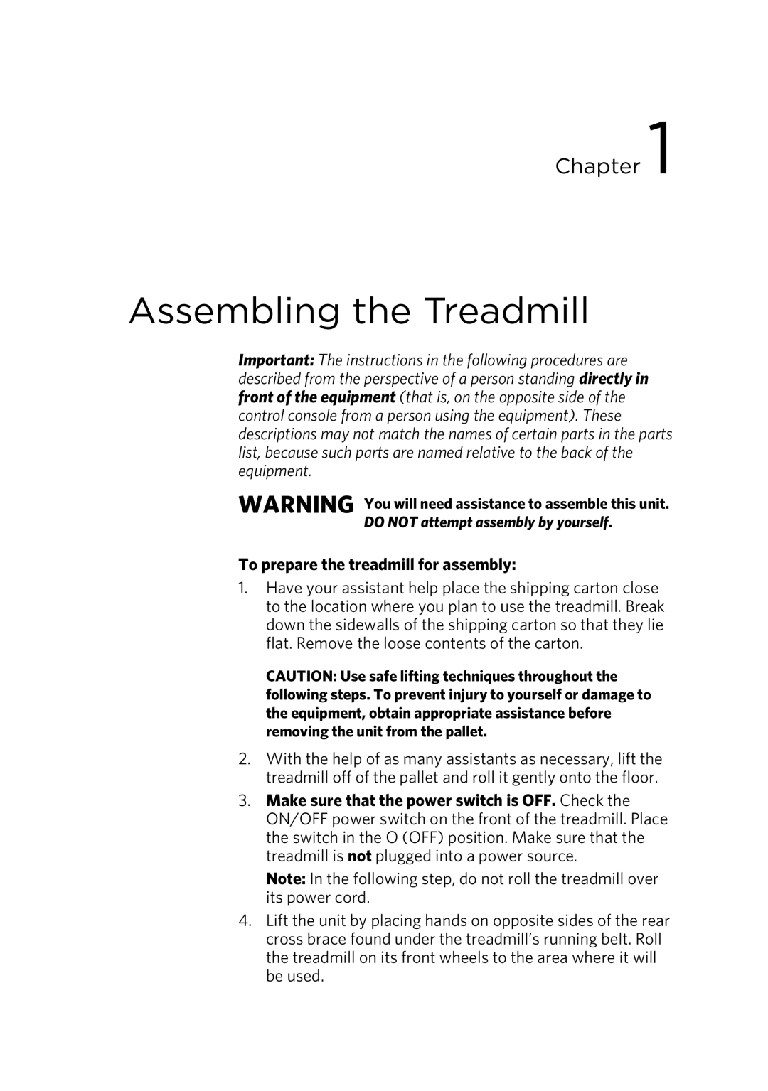 Precor P30 manual Assembling the Treadmill, To prepare the treadmill for assembly 