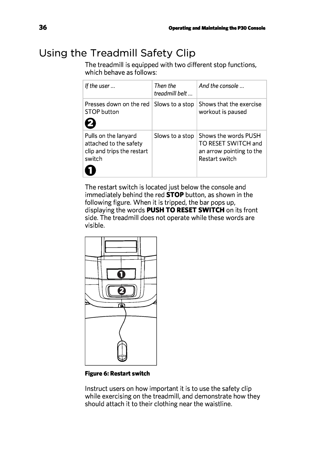 Precor P30 manual Using the Treadmill Safety Clip, Restart switch 
