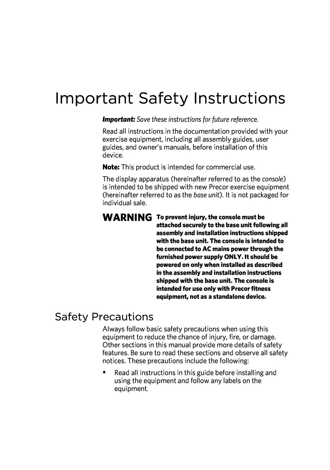 Precor P30 manual Important Safety Instructions, Safety Precautions, Important Save these instructions for future reference 