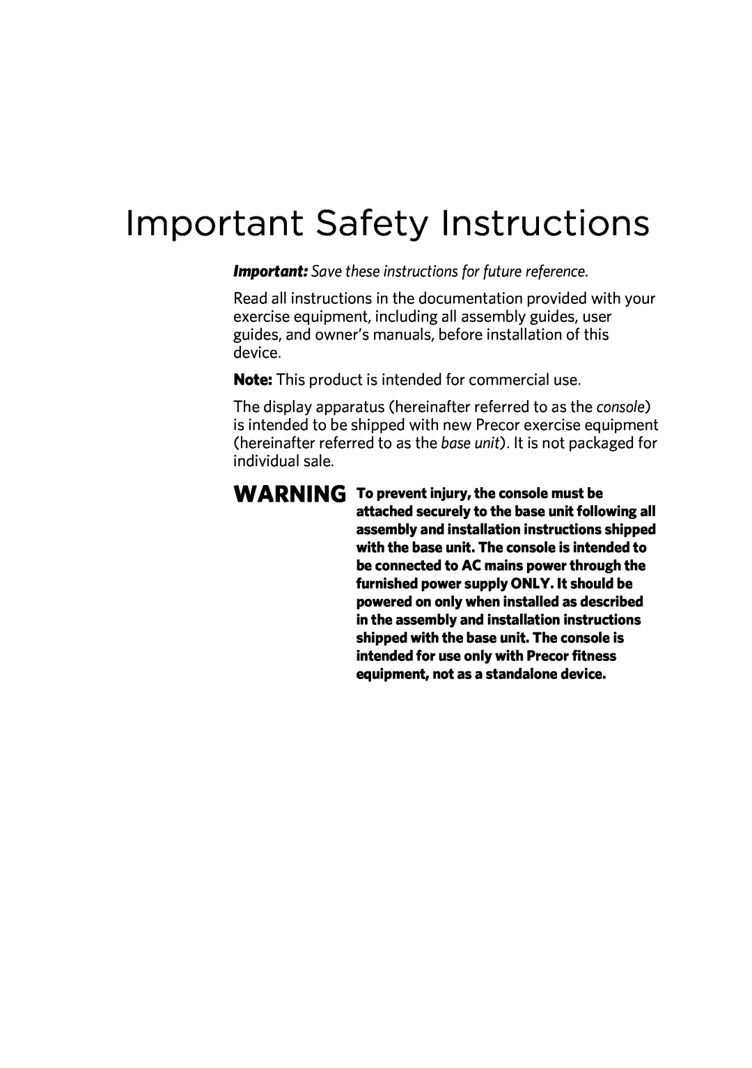 Precor P30 manual Important Safety Instructions, Important Save these instructions for future reference 